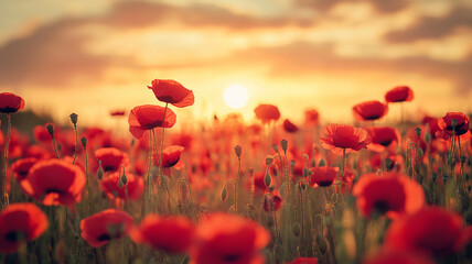 Obraz premium Copy space, field of red poppies at sunset rememberance day. Background for rememberance day, armistice day. Respect for victims, soldiers. Concept of peace, pride, respect.