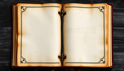 Old witch book empty page. Bewitched grimoire weathered pages tope view. Blank witchcraft or magic book page. Medieval burnt witchcraft weathered scroll manuscript or spells. Mystic occult concept i