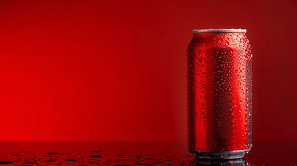 red soda can with water droplets on a red background