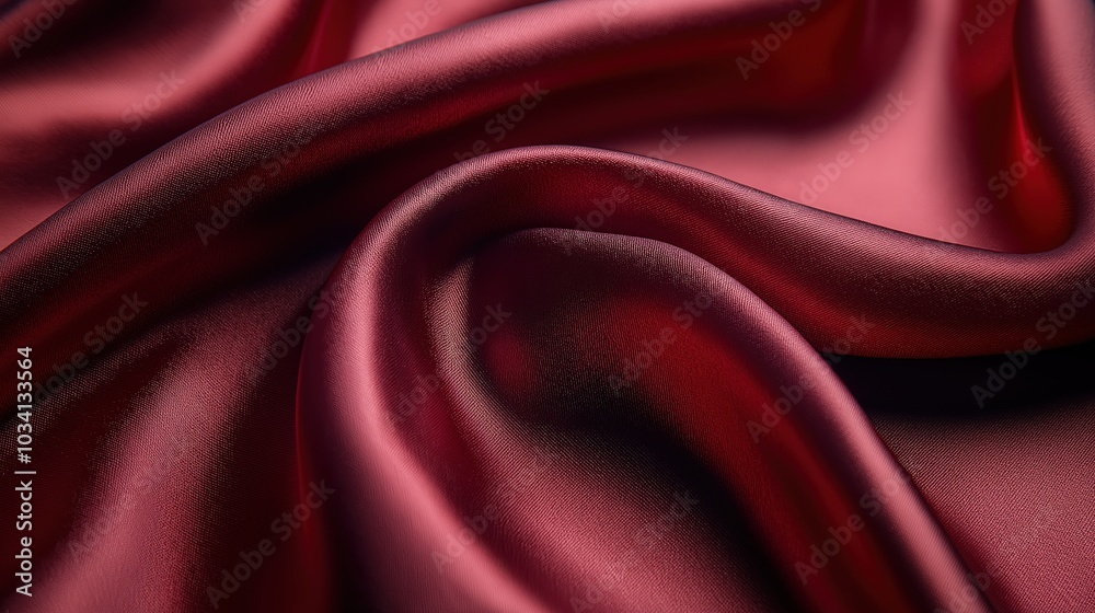 Leinwandbilder Elegant deep red satin fabric draped and folded on a surface, showcasing its smooth texture and rich color in soft light