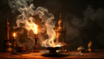 Magic lamp with mystic smoke forming an arabic castle, still life with treasure and jewelry isolated with white highlights, png
