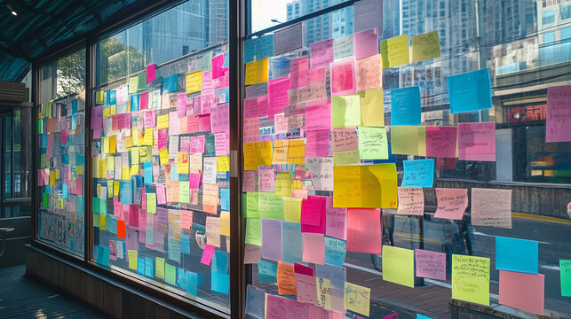 Okno biura zdobi kolaż z karteczek, na kt&oacute;rych zapisane są r&oacute;żne myśli i pomysły. Ta kolorowa i estetyczna kompozycja sprawia, że przestrzeń staje się bardziej tw&oacute;rcza i inspirująca.