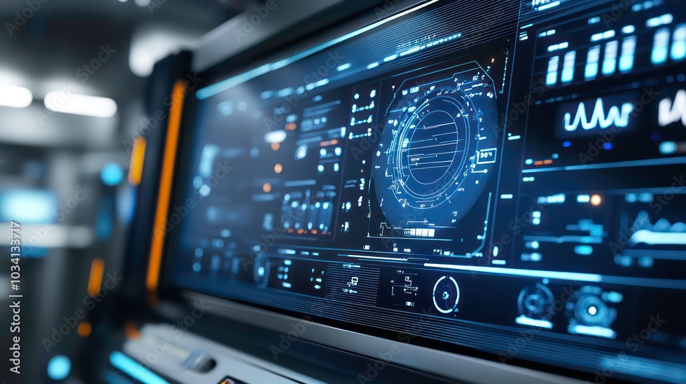 Poster a futuristic control panel with a large screen displaying data and graphs in blue and orange.