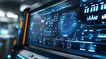 A futuristic control panel with a large screen displaying data and graphs in blue and orange.