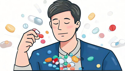 Person who takes a lot of pills, pill addiction, drugs, pharmacy, slave of pills, addiction