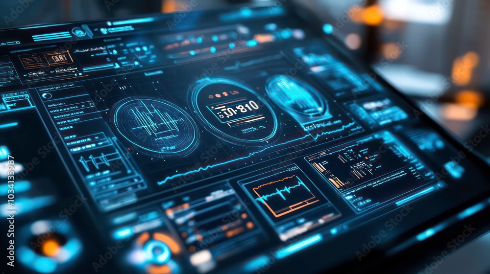 Poster close-up of a futuristic digital interface with various data points and charts displayed on a screen