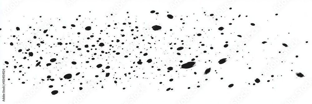 Poster numerous black ink splatters are scattered across a white surface, conveying a dynamic and chaotic a