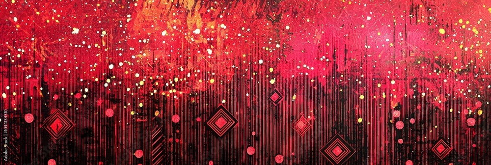 Poster an abstract composition comes alive with rich reds, sparkling dots, and geometric designs, drawing a