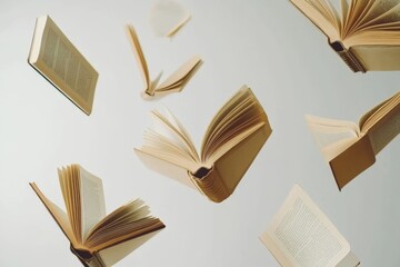 A collection of flying open books against a transparent background, showcasing the wonder of reading and imagination in an artistic arrangement