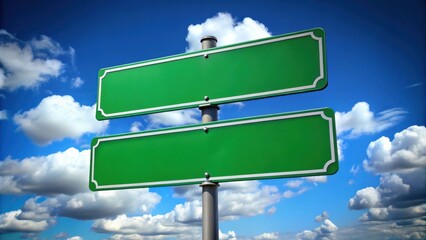 Blank Green Road Sign with White Border and Screws Against a Blue Sky with White Fluffy Clouds