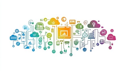 A concept of cloud computing and business digitization symbols on a clean white background