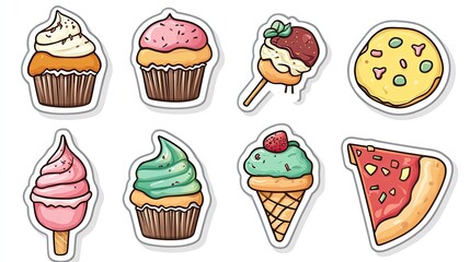 A cute vector set of food stickers, including cupcakes, ice cream, and pizza on a white background