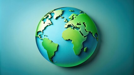 A 3D rendering of a stylized globe with continents in green and oceans in blue on a soft blue background.