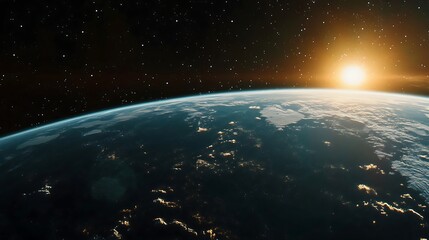 Obraz premium A breathtaking view of Earth from space, with the sun rising over the horizon and casting a warm glow on the planet's surface.