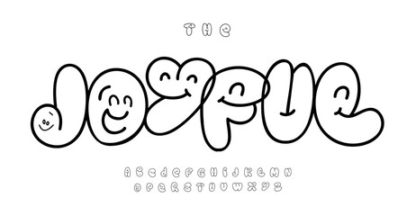 Bubbly cartoon font with smiling faces, friendly bubble outline letters for playful joyful child designs, whimsical smiley font, kid logo, cartoon headline, quirky design. Vector typeset.
