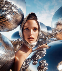 Futuristic Surrealism Fashion Editorial Image with Silver Balls floating and a Fashion-model 