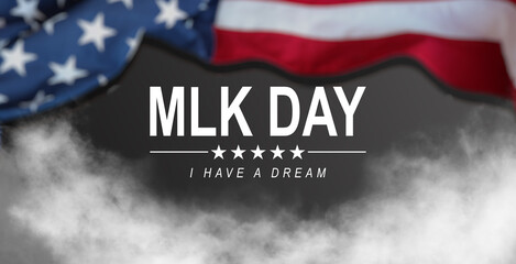 Martin Luther King Jr. Day typography greeting card design. MLK Day lettering inspirational quote, US flag, dark blue vector background - The time is always right to do what is right