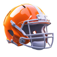 Fototapeta premium Orange American football helmet, glossy sports protective headgear with gray facemask, 3D render for team branding isolated PNG with Transparent Background