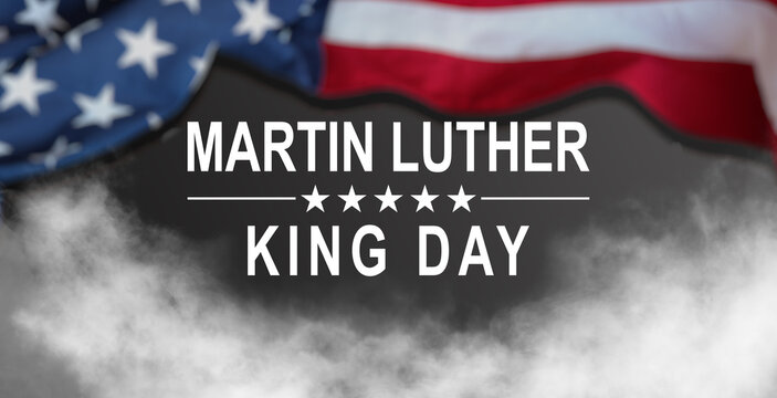 Martin Luther King Jr. Day typography greeting card design. MLK Day lettering inspirational quote, US flag, dark blue vector background - The time is always right to do what is right