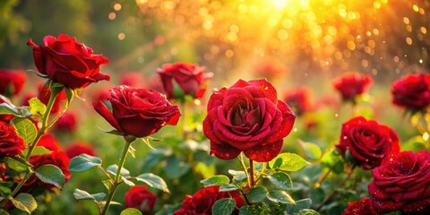 Obraz premium A lush garden of vibrant red roses bathed in the warm glow of the setting sun, each petal glistening with dew drops reflecting the golden rays.