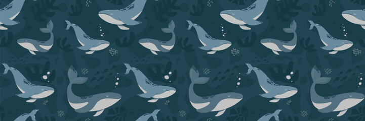 Hand drawn marine life. Seamless pattern with wild sea animals, seaweed and corals. Children's illustration on blue background. Cartoon whales and sperm whales bright colors.
