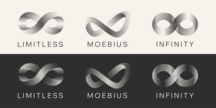 Gritty Dots Digital Technology Grey Light Vector Infinity Logo. Artificial Intelligence Abstract Data Limitless Sign Concept. Grain Texture Endless Infinite Loop Emblem Templates Set Isolated