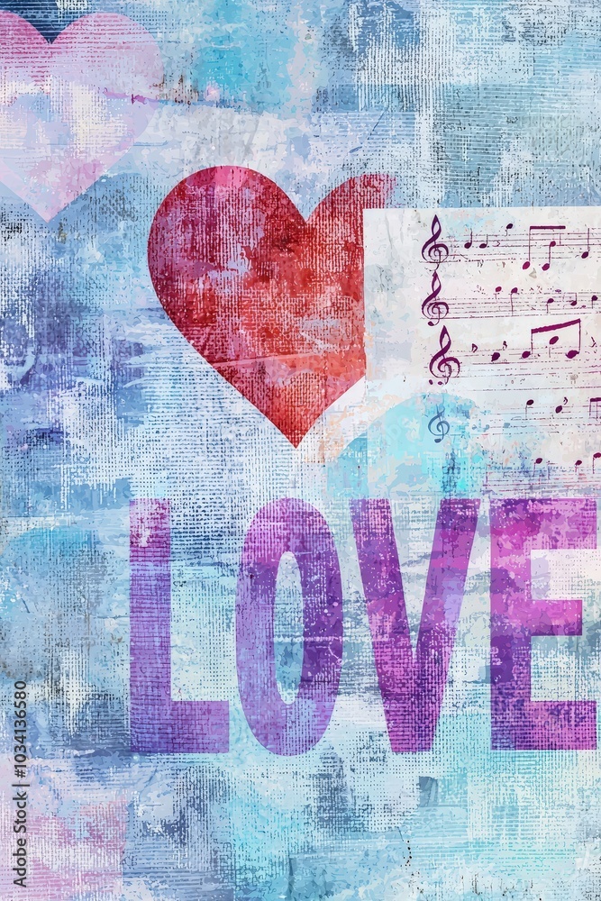Aufkleber an abstract design combines a prominent red heart and musical notes layered over a textured blue bac