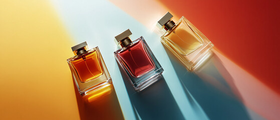 three glass perfume bottles on colorful background
