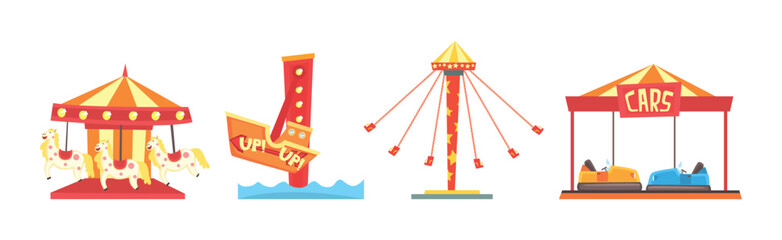Amusement Park Attraction and Funfair Entertainment Vector Set