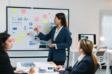 Businesswoman is standing and pointing at a whiteboard with graphs and charts on it, while leading a meeting with colleagues in the office