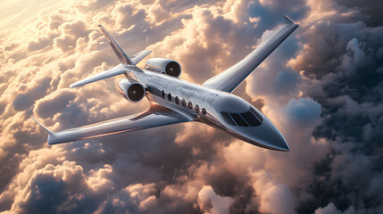  Luxurious private jet flying through clouds, sleek modern aircraft, high-altitude travel, business aviation, exclusive corporate flight, luxury air transport, sunset in the sky