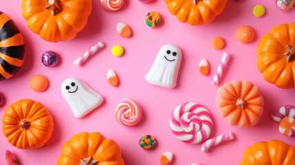 Top view of assorted Halloween decorations and candies including pumpkins, ghost shapes, candy canes on a pink background