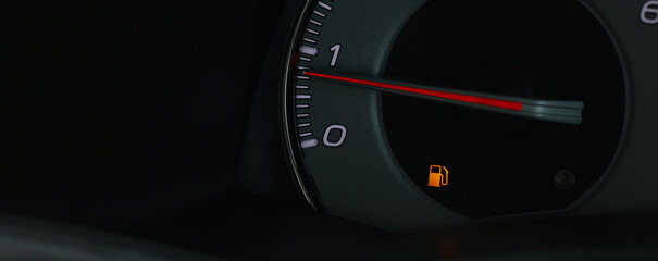 Empty fuel warning light in car dashboard. Fuel pump icon. gasoline gauge dash board in car with digital warning sign of run out of fuel turn on. Low level of fuel show on speedometer dashboard.