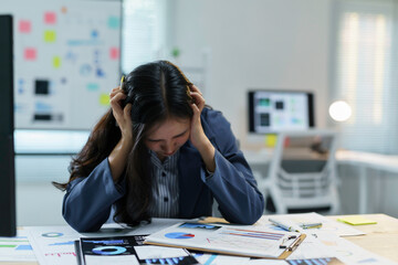 Businesswoman is sitting at her desk holding her head with her hands, feeling stressed and...