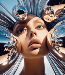 Futuristic Surrealism Fashion Editorial Image with Silver Balls floating and a Fashion-model 