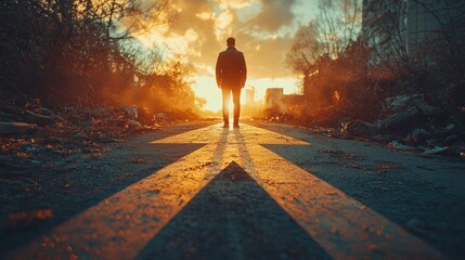 Fototapeta premium Lone man walking on empty road at sunset with dramatic lighting