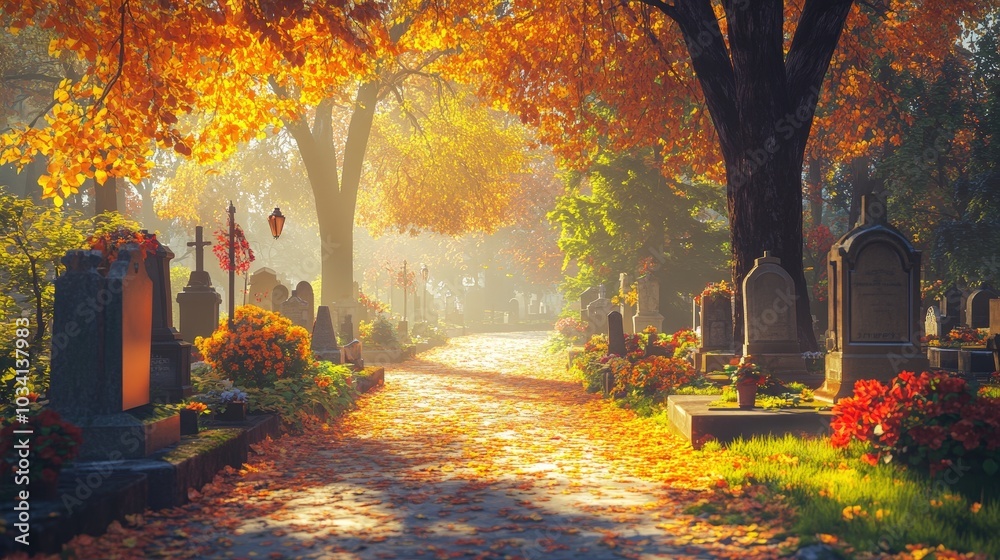 Poster A peaceful cemetery path is lined with vibrant autumn leaves as sunlight streams through the trees, creating a warm and serene atmosphere on a calm afternoon
