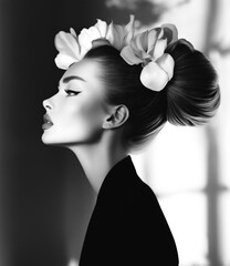 elaborate detailed 1960s hairstyle  intricate elegant, black-and-white, embodying both elegance and coolness. 