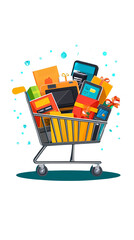 Shopping cart filled with various colorful products and items, white isolate background.