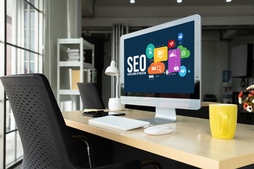 SEO search engine optimization for modish e-commerce and online retail business showing on computer...