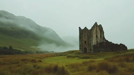 Fototapeta premium A historic castle in Ireland, surrounded by lush green fields and misty hills.
