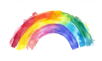 A soft watercolor painting of a rainbow with vibrant hues on a white background, symbolizing positivity, creativity, and diversity, with an artistic brushstroke style and ample white space