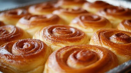  Close-up of freshly baked cinnamon rolls with a glossy icing glaze.