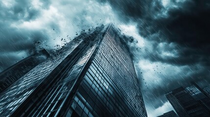 A tall skyscraper is crumbling under a dark, stormy sky with rain pouring down.