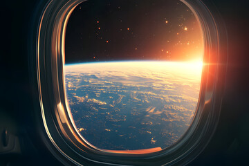 Stunning Earth view from space window at sunrise, breathtaking space travel perspective,...