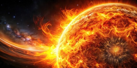 Obraz premium Fiery Cosmic Dance A celestial body engulfed in flames, radiating heat and light, with a swirling nebula in the background.