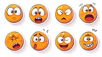 A quirky vector set of cartoon emoji stickers showing various expressions on a white background