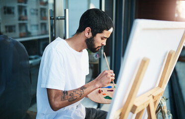 Art, painting and palette with man on balcony of home for creativity, expression or inspiration...