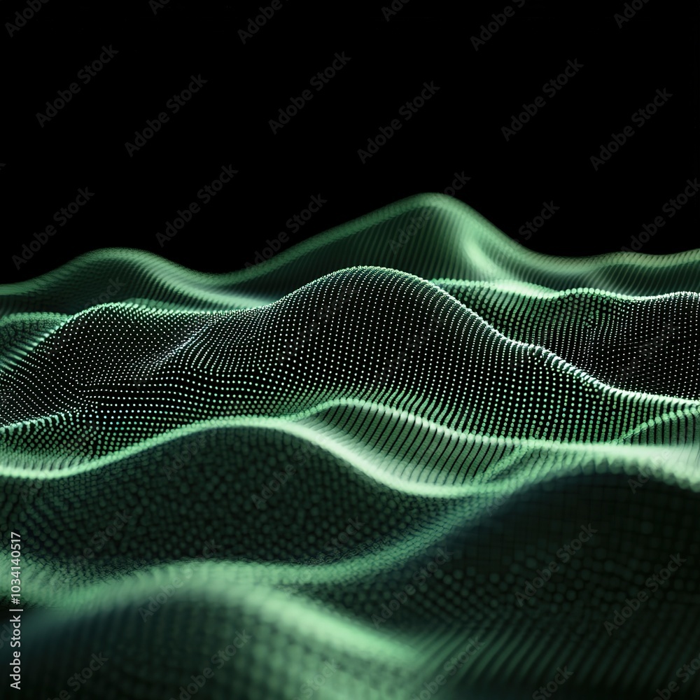 Poster abstract black dark background with green dots and lines, creating a wave pattern on the surface of 