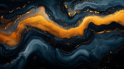 Obraz premium Abstract background with blue and gold paint in a wavy, flowing pattern.